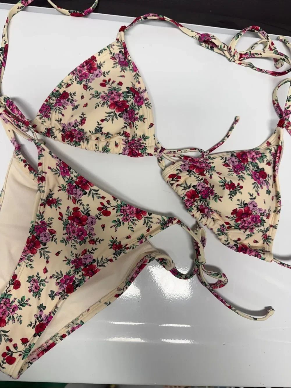 Floral Triangle Bikini in Cream and Pink Size XS NWOT - Side Tie Bottoms